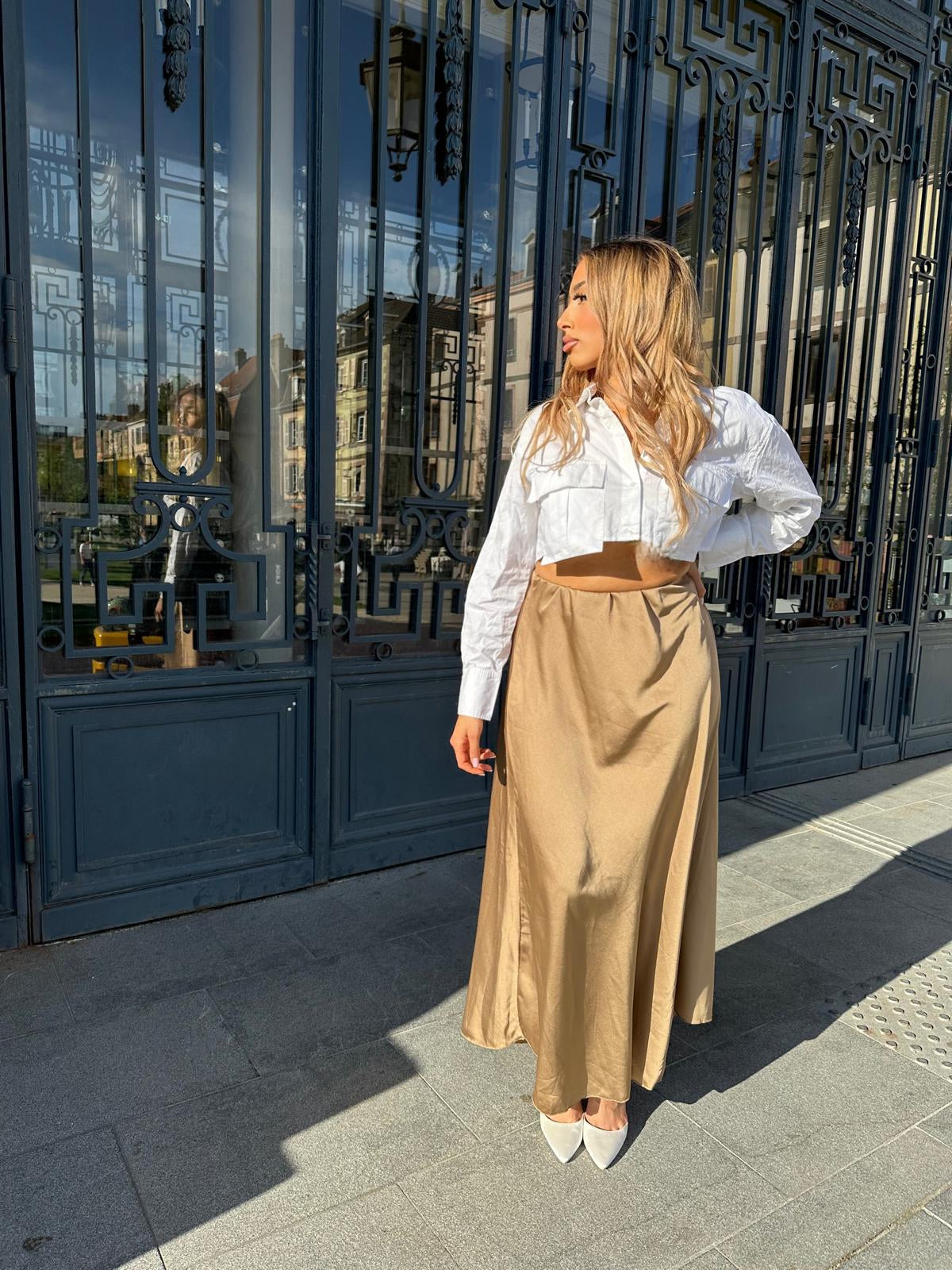 Jupe longue satin argenté