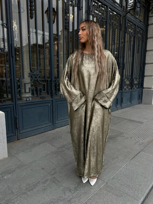 Abaya brillante ample doré moiré